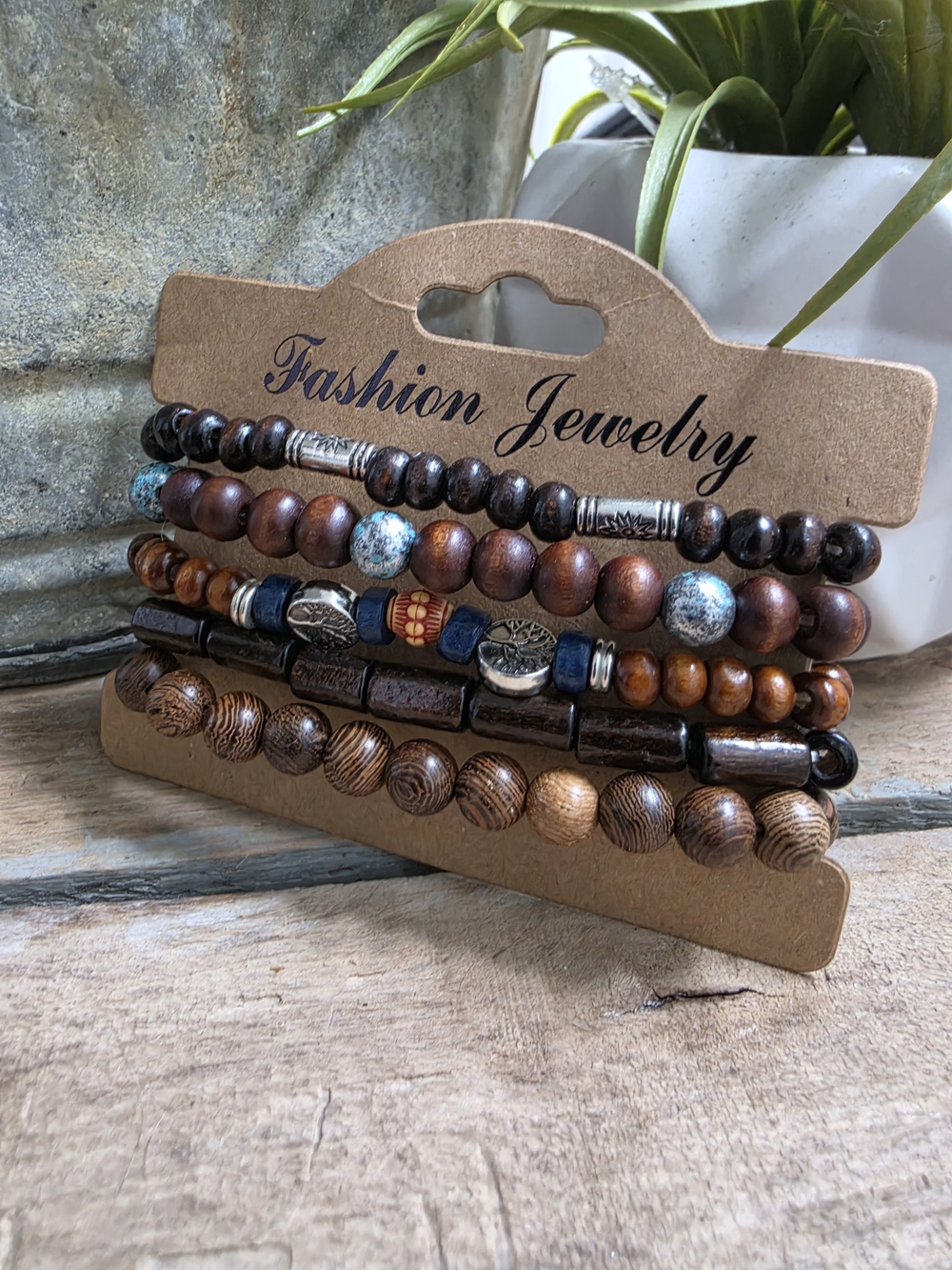 Boho Wood Bead Bracelet Set Unisex Stretch Stack Earth Tone Festival Jewelry